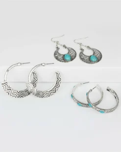 Prime Time Jewelry Women's 3-piece Silver & Turquoise Hoop And Dangle Earrings Set