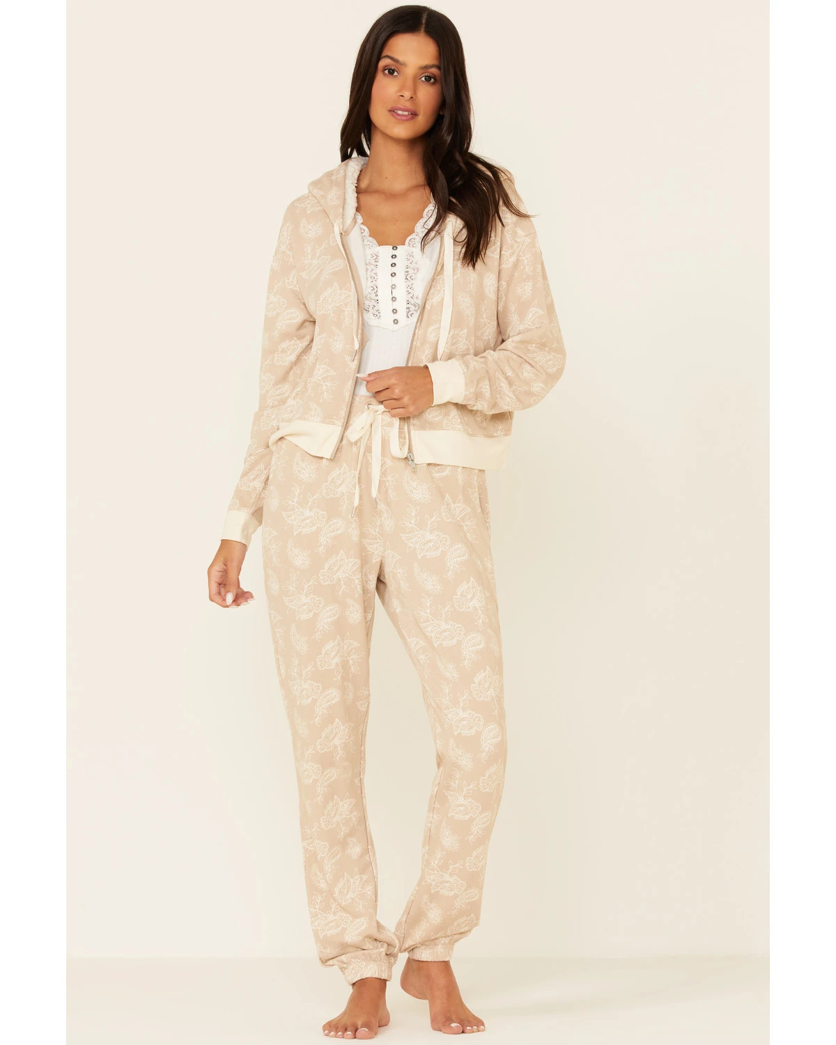 Idyllwind Women's Tan Floral Print Sherpa Zip-Front Hooded Jacket 4 Idyllwind Women's Tan Floral Print Sherpa Zip-Front Hooded Jacket - Image 2